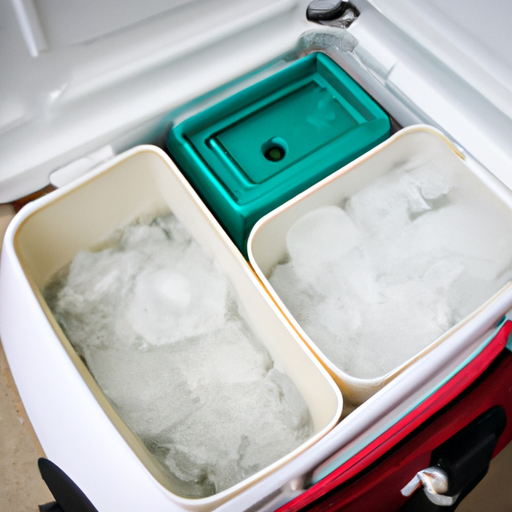 A close-up of a durable cooler with ice and beverages inside, ready for a camping trip.