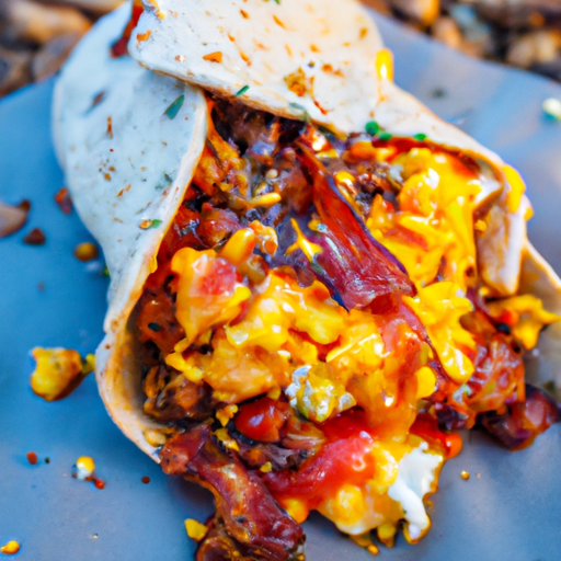 A mouthwatering campfire breakfast burrito filled with scrambled eggs, bacon, cheese, and salsa.